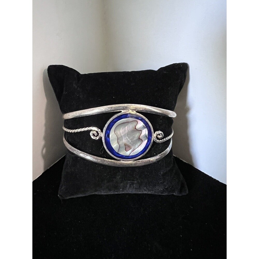 Vintage Cuff Bracelet Mexico Silver Tone Abalone Shell Inlay
